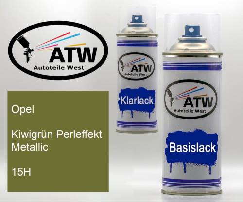 Opel, Kiwigrün Perleffekt Metallic, 15H: 400ml Sprühdose + 400ml Klarlack - Set, von ATW Autoteile West.